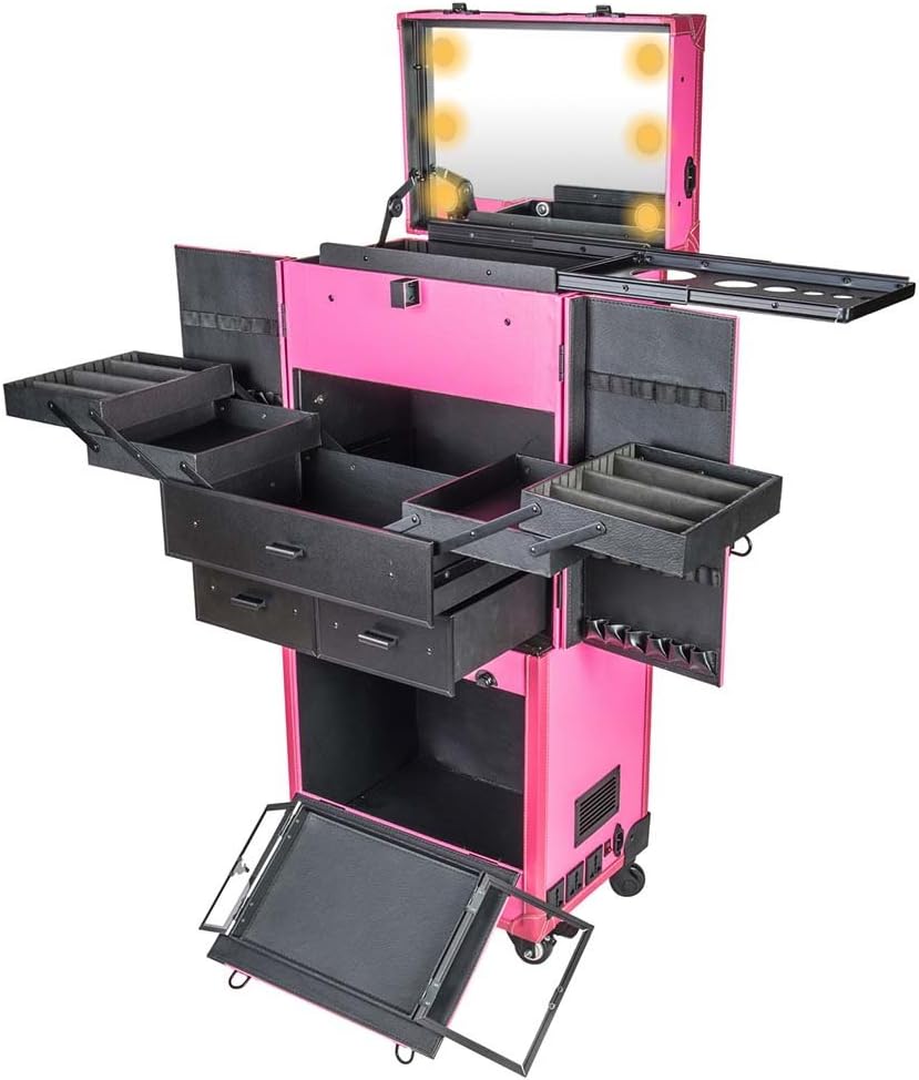 SHANY REBEL Pro Series – Makeup Artists Multifunction lighted Cosmetics Rolling Case with Fan - Proudly PINK