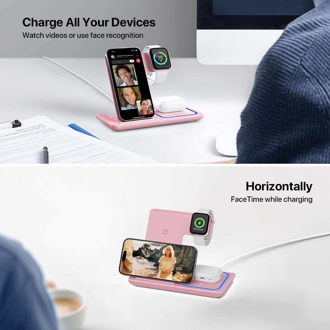 Wireless Charger for iPhone, Wireless Charging Station for Multiple Devices Apple, 3 in 1 Wireless Charger Stand Compatible with Apple Watch, iPhone & AirPods, Wireless Charging Pad with Adapter(Pink)