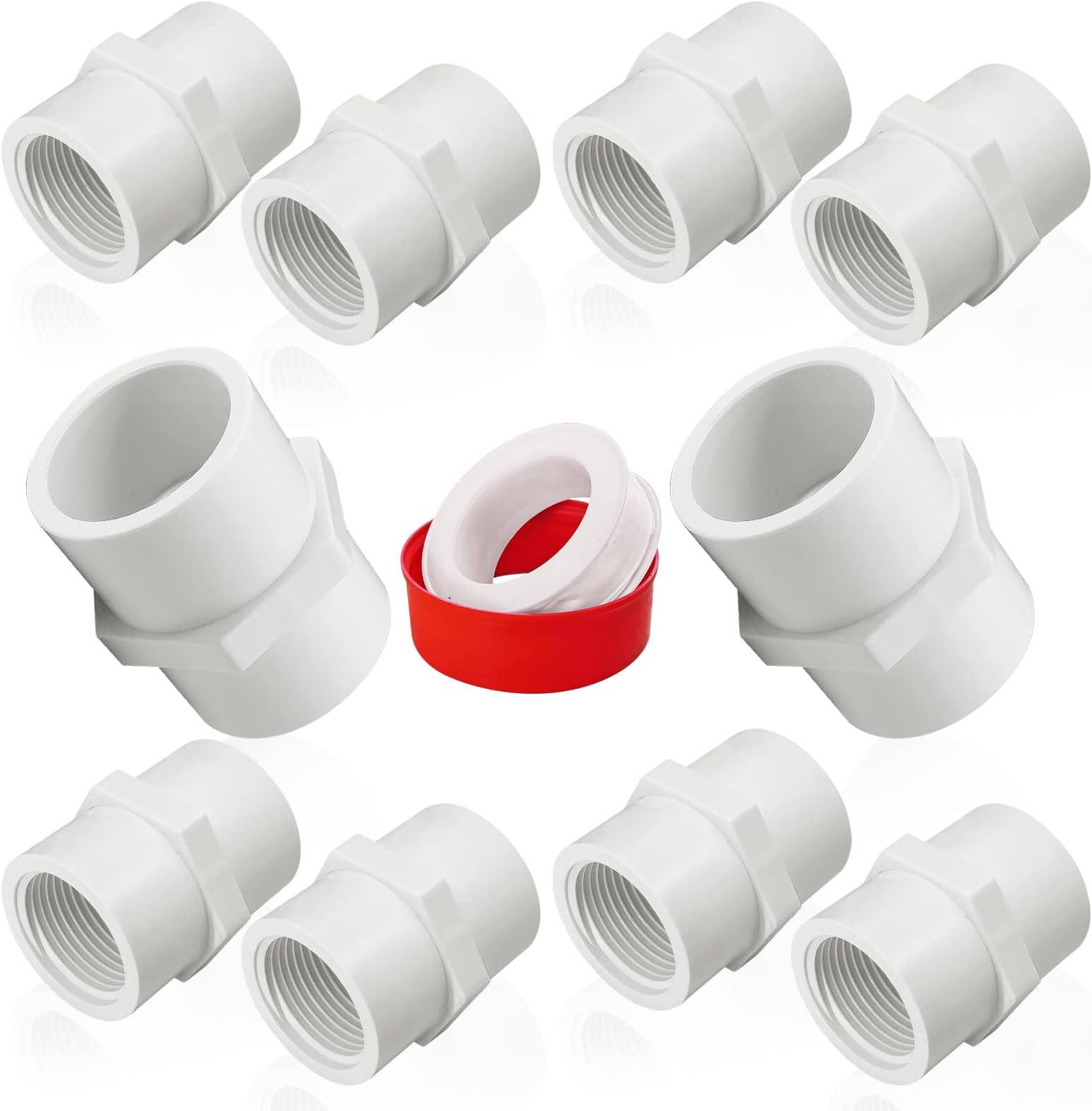 10Pcs White PVC Pipe Fittings, 1-Inch NPT Female Thread Adapter Connector, Threaded Coupling, Socket x NPT Female, Sch40