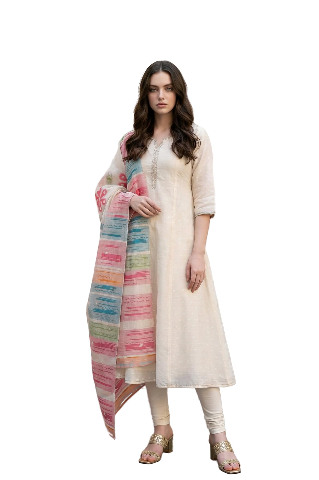 aurelia Women's Off-White Textured A-Line Kurta with Tights and Dupatta Set-picture-39