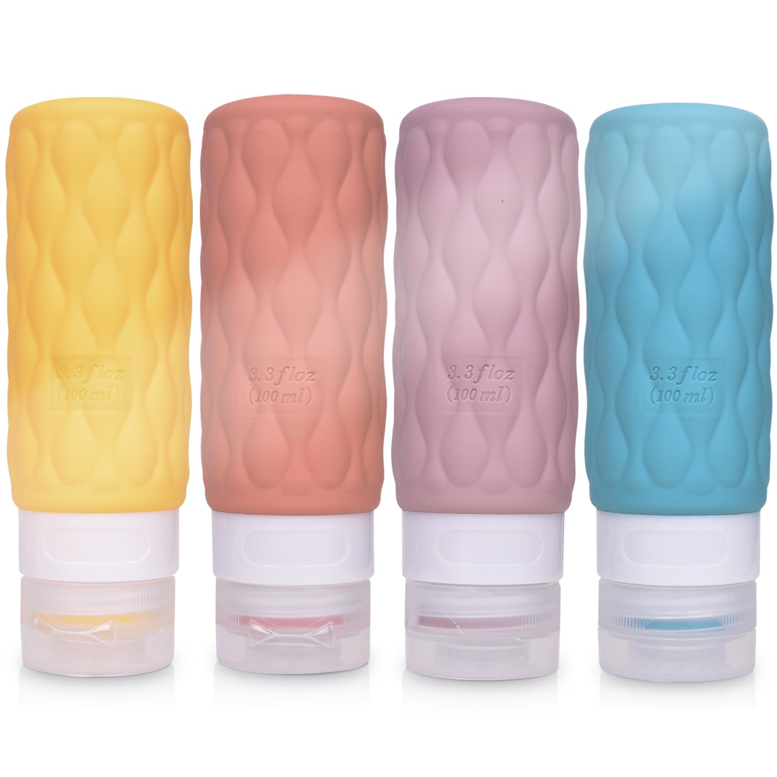 4 Pack Travel Bottles for Toiletries 100ML Silicone Travel Squeeze Bottles Set with Clear Zipper Toiletry Bag Leakproof Refillable Squeeze Travel Containers