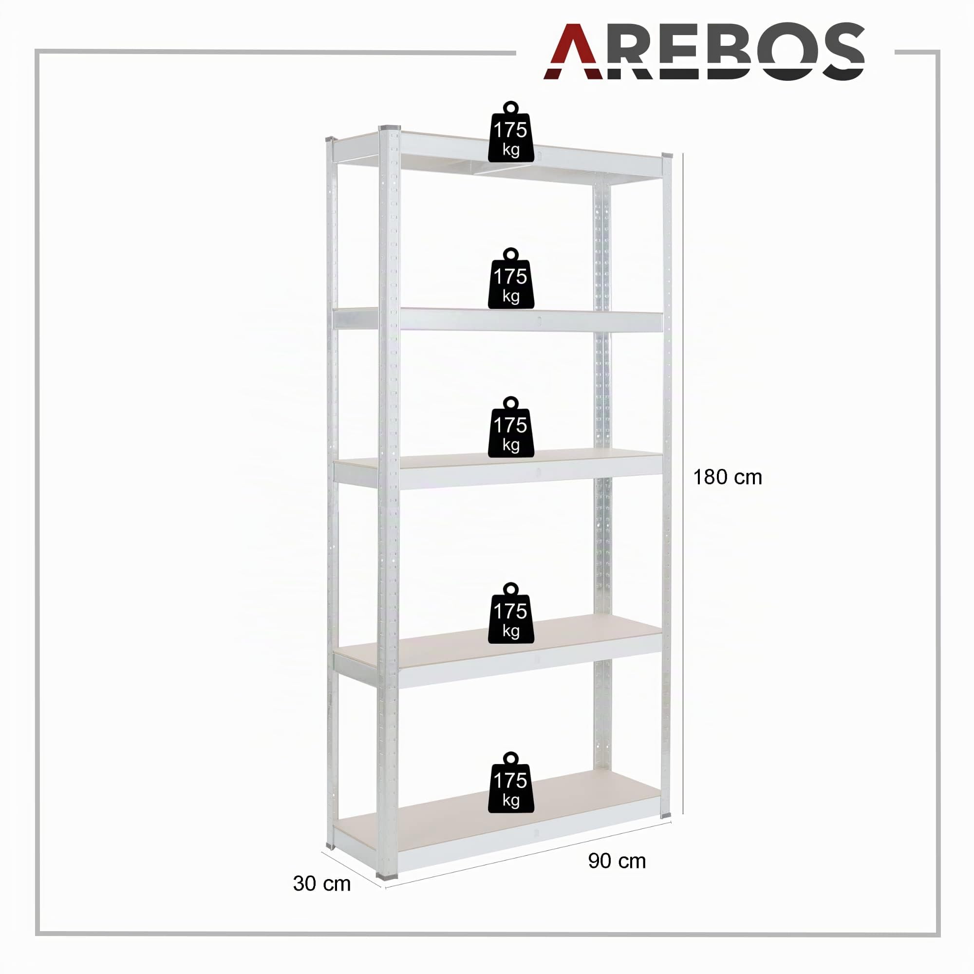 AREBOS Set 2 Scaffali per Carichi Pesanti 180x90x30 cm | 5 Ripiani | Scaffalatura Senza Bulloni per Officina, Magazzino e Cantina | Argento
