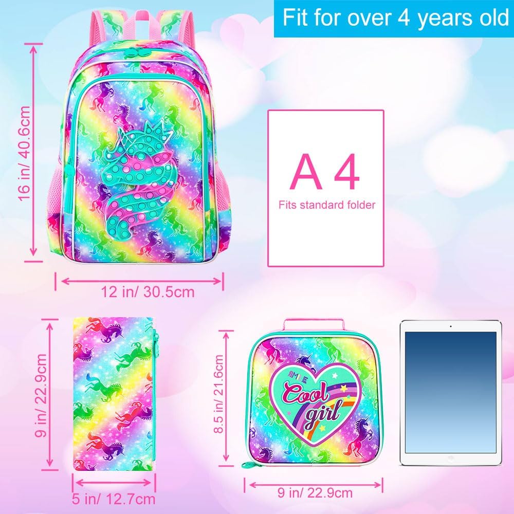 3PCS Girls and Boys Backpack, 16" Kids Bookbag with Lunch Box, Water Resistant School Bag for Elementary Prechool