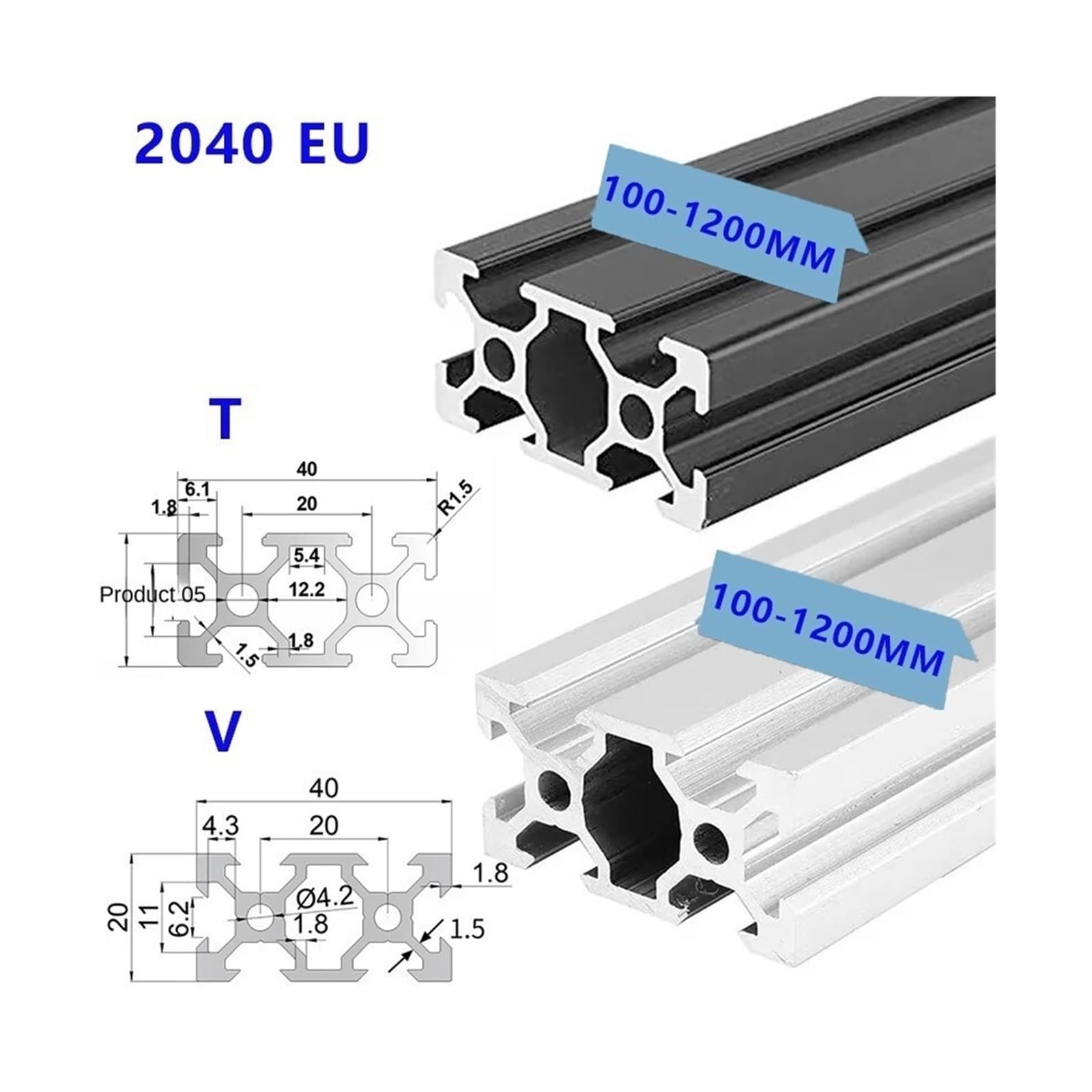 Extrusión de perfil aluminio con ranura 2040 T/V, 2 uds., 100mm a 1000mm, extrusión 20x40mm for piezas impresora 3D CNC(Sliver-2040,520mm)
