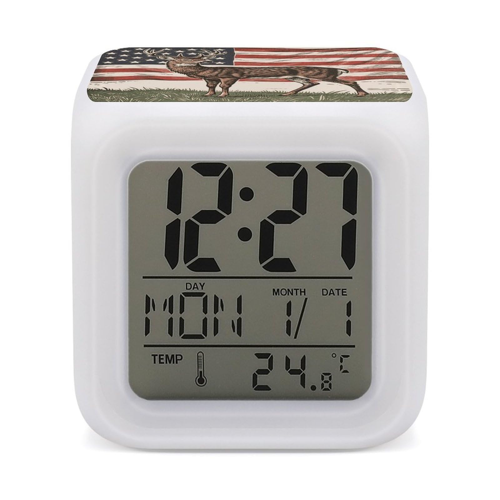 VstaDank Deer American Flag Digital Alarm Clock LED Display Screen Color Change Alarms Clock Smart Alarm Clock Wake Up Digital Clocks with 7 Color Nightlight for Bedroom