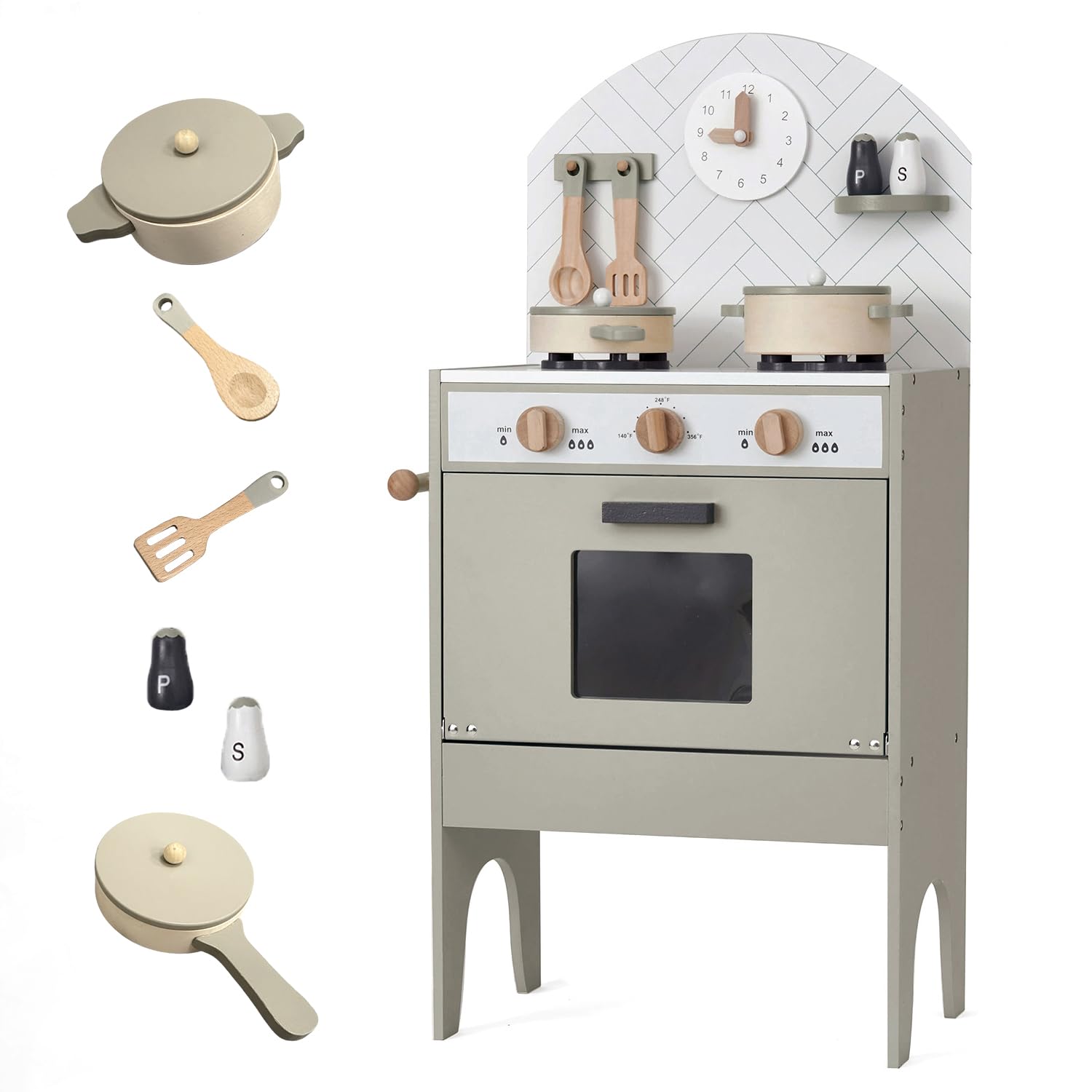 Wooden Play Kitchen for Kids, Pretend Role Play Toy Kitchen with Oven, Clock, Utensils, Interactive Dials, Salt and Pepper Pots, Toddler Kitchen Playset - Warm Grey
