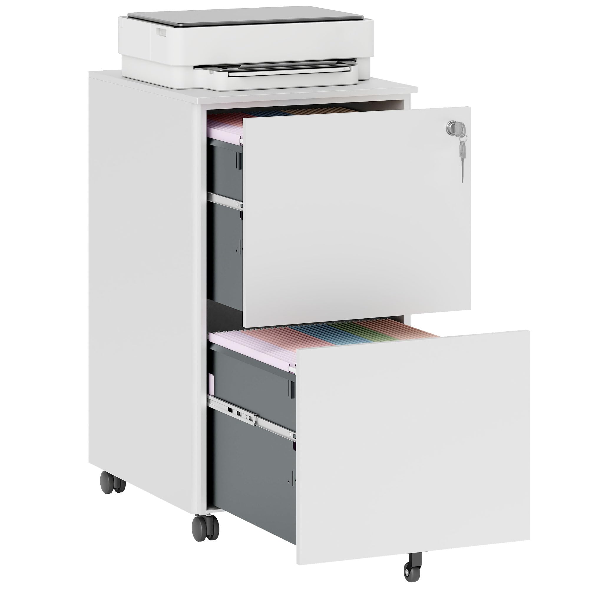 Vinsetto Vertical Steel Filing Cabinet on Wheels, 2-Drawer Lockable File Cabinet with Adjustable Hanging Bar for A4, Legal and Letter Size, White