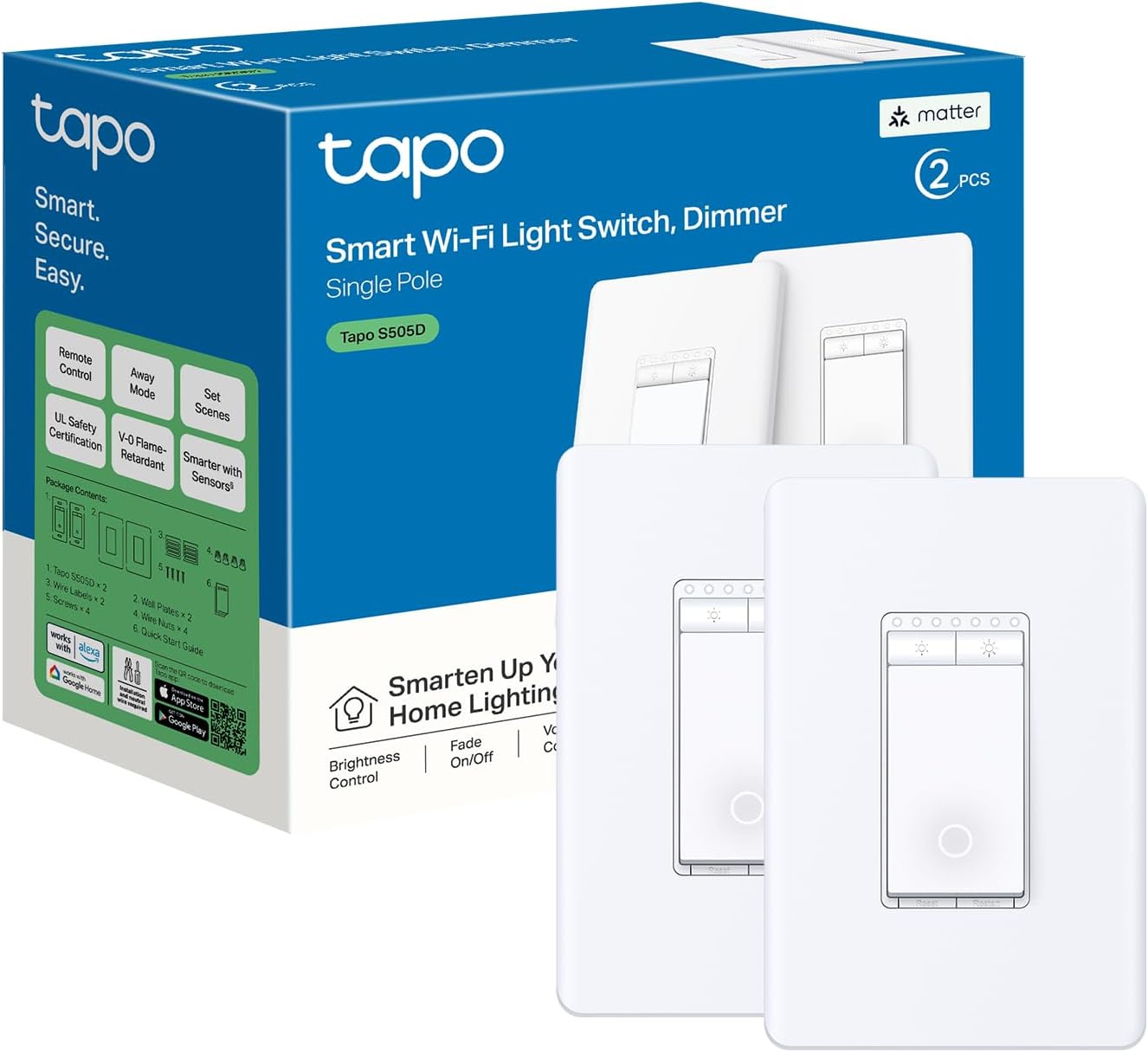 TP-Link Tapo Matter Smart Dimmer Switch: Voice Control w/Siri, Alexa & Google Assistant, UL Certified, Timer & Schedule, Easy Guided Install, Neutral Wire Required, Single Pole, Tapo S505D(2-Pack)