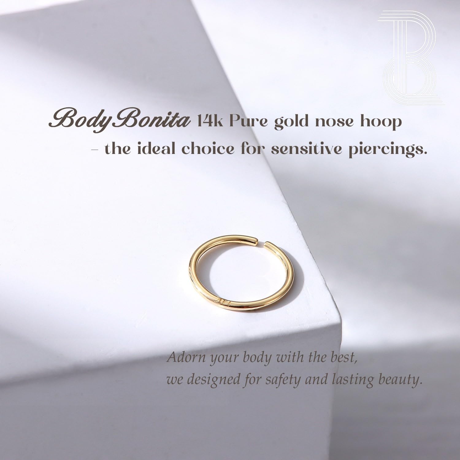 BodyBonita 14K Solid Gold Nose Rings Hoops - Bendable 18G 20G Nose Rings Hypoallergenic Cartilage Earrings for Women Conch Piercing Jewelry Helix Rook Tragus Lobe Daith Snug Belly Button Ring 8 mm - Image 6