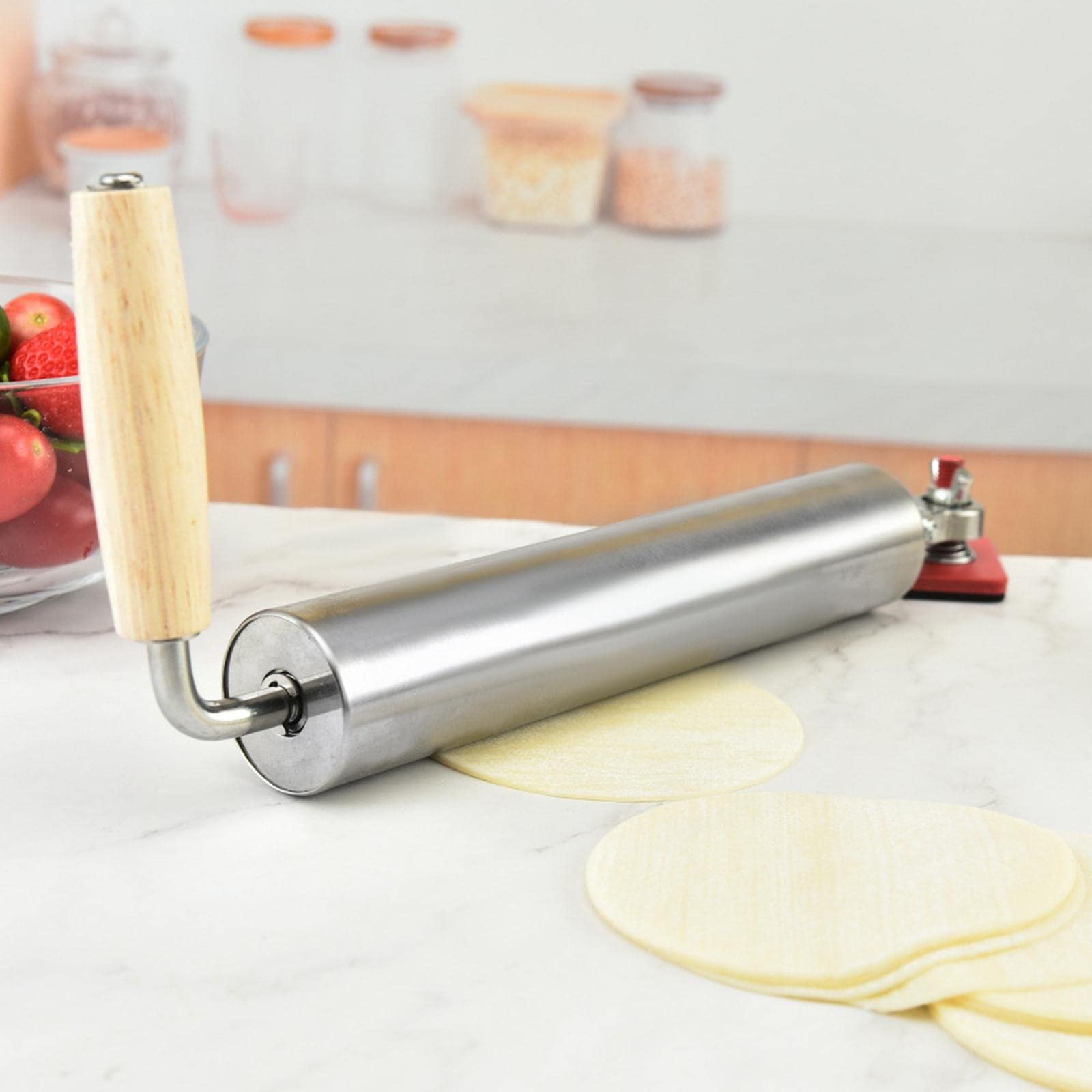 Rouleau à Pâtisserie en Acier Inoxydable avec Manche en Bois, épaisseur Réglable, Revêtement Antiadhésif, Idéal pour La Préparation de Fondant, s