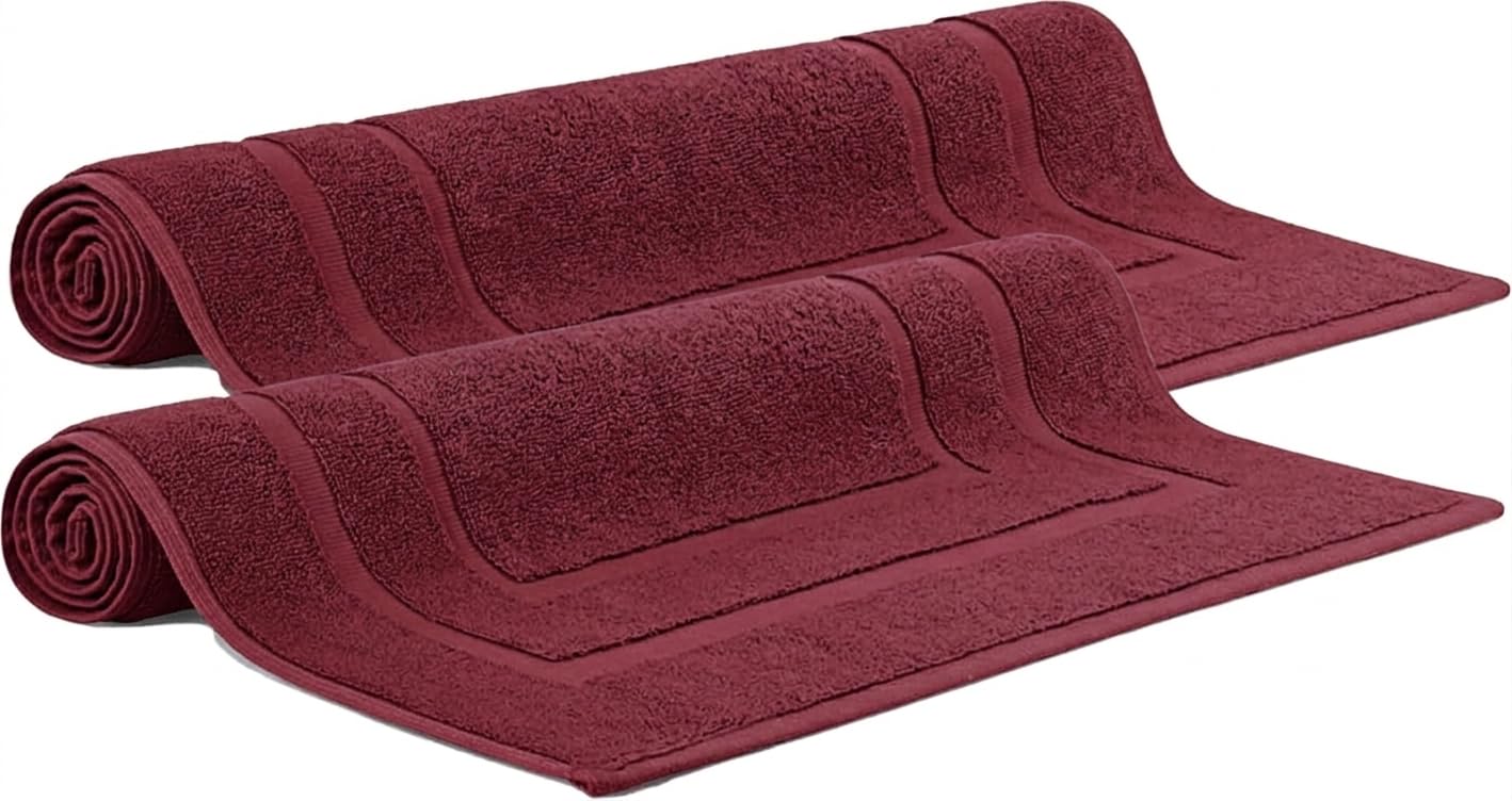 Makooz Cotton Banded Bath Mats Pack of 2 – Not Bathroom Rug - 50x70 CM 100% Ring Spun Cotton – Machine Washable, Ultra Soft, Water Absorbent, Quick Drying Plush Shower Bathroom Foot Towel - Wine