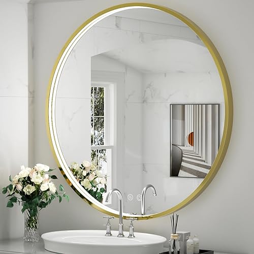 Miniatura 10 de FTOTI Espejo redondo con marco negro LED de 32 pulgadas, espejo de baño redondo con luz, espejo de tocador iluminado montado en la pared,