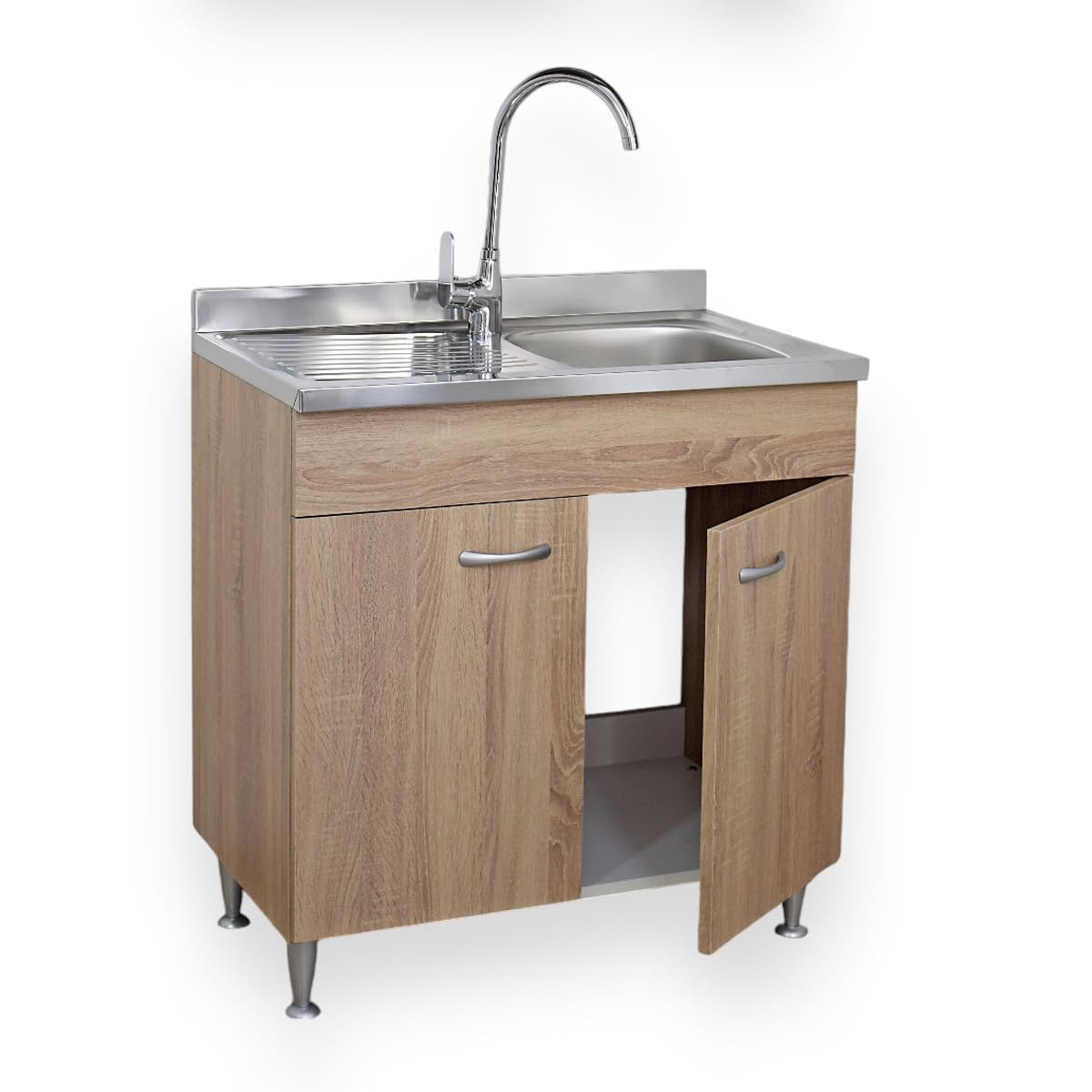 Yellowshop - Mobile cucina sottolavello a 2 ante cm 80 effetto legno rovere well componibile con lavello inox e scolapiatti Basic (Sottolavello con lavello piano sx)