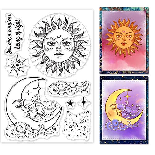 GLOBLELAND Corps Céleste Clear Stamps Magic Planet Soleil Lune Étoiles Constellations Nuages Silicone Clear Stamp Seals For Cards Making DIY Scrapbooking Photo Journal Album Décoration