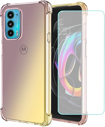 for Moto Edge 2021 / Moto Edge 5G UW Case with Tempered Glass Screen Protector, Cute Clear Gradient Shockproof TPU Back Phone Protective Cover for Motorola Moto Edge 2021 Black/Gold