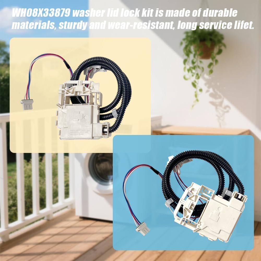 WH08X33879 Washer Lid Lock Assembly - Stainless Steel Spring & IP55 Waterproof, UL Certified Fit for GE PTW600/PTW700/PTW900 Series, GTW220/GTW385, HTW265 Models (Replaces WH08X37859)