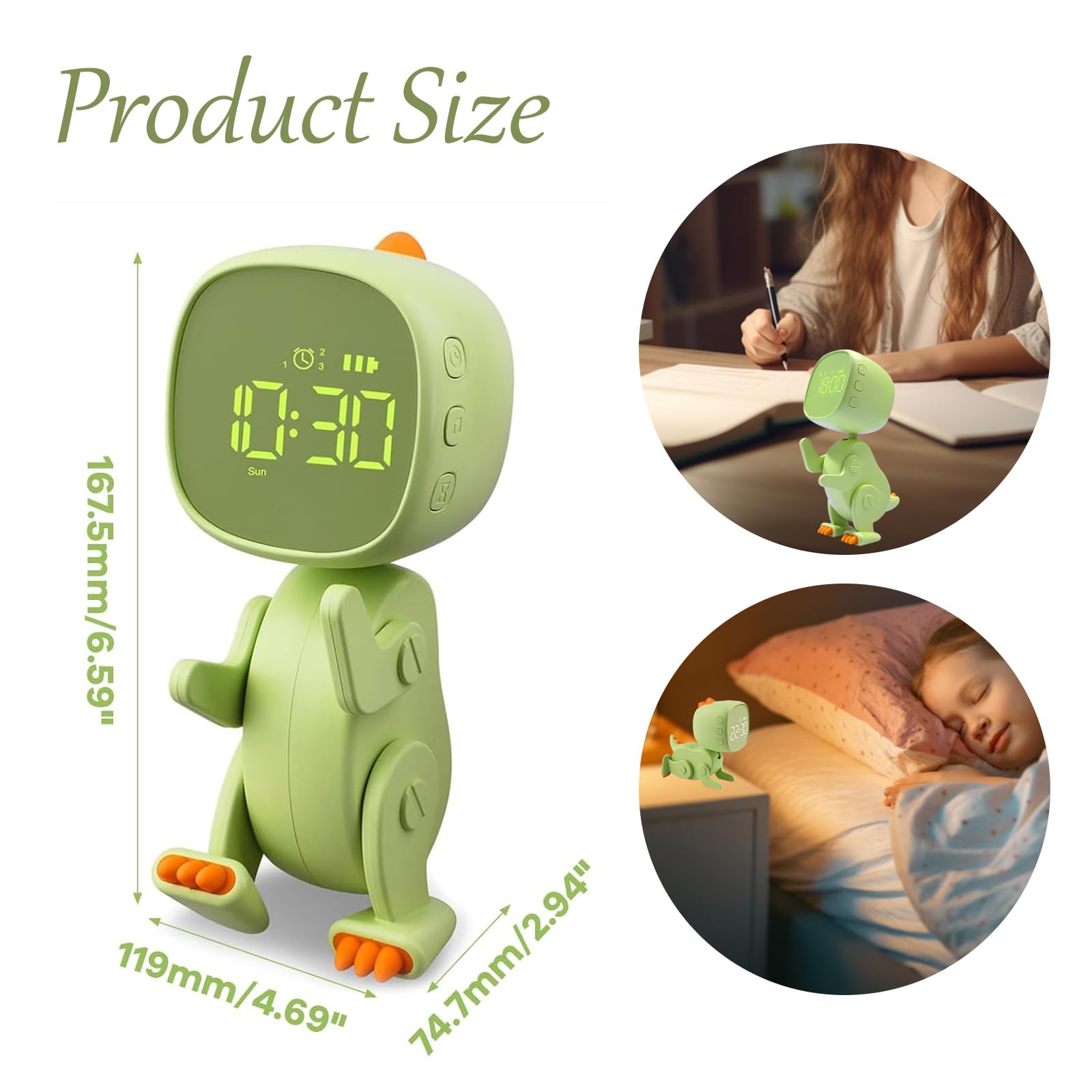 Reloj despertador digital para niños, luz nocturna de dinosaurio con 3 grupos de alarma, sonido y brillo regulable en carga USB, color verde
