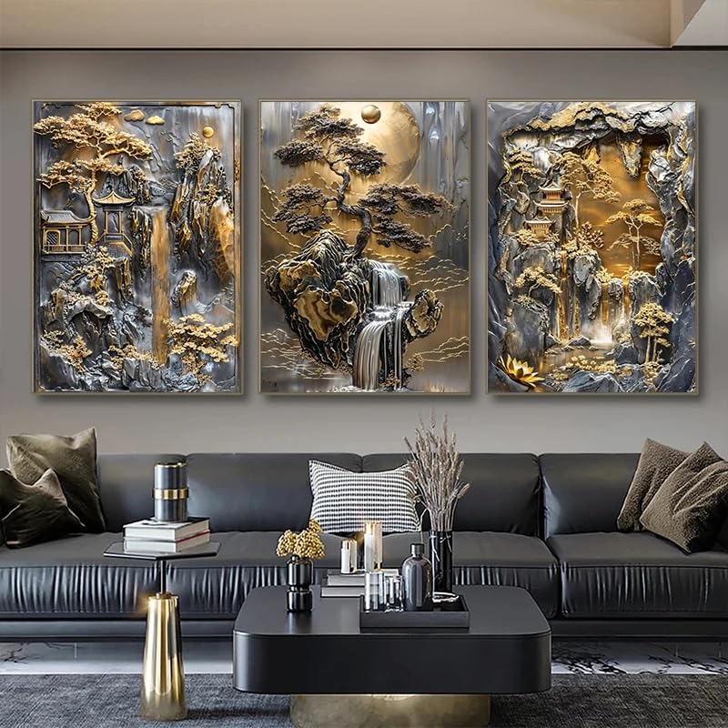 Tableau abstrait pour habiller un grand mur vide, toile bonsaï doré chic style nordique