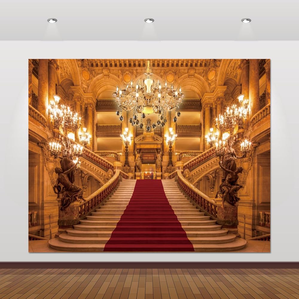 ChloropLastid 10x8ft Luxurious Palace Backdrop for Photography Red Carpet Golden Castle Chandelier Royal Buildings Stairs Background Wedding Birthday Video Banner Photo Booth Props Decoration