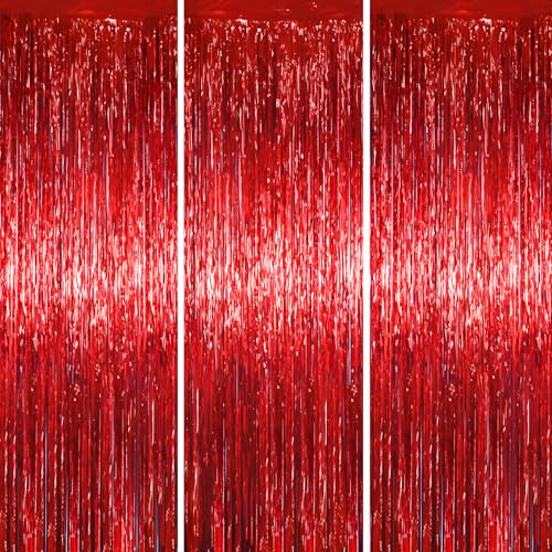 Voircoloria 3.3 x 6.6 ft Foil Fringe Backdrop Curtains Tinsel Streamers Party Decorations Fringe Backdrop for Birthday Baby Shower Gender Reveal Graduation (3 Red)