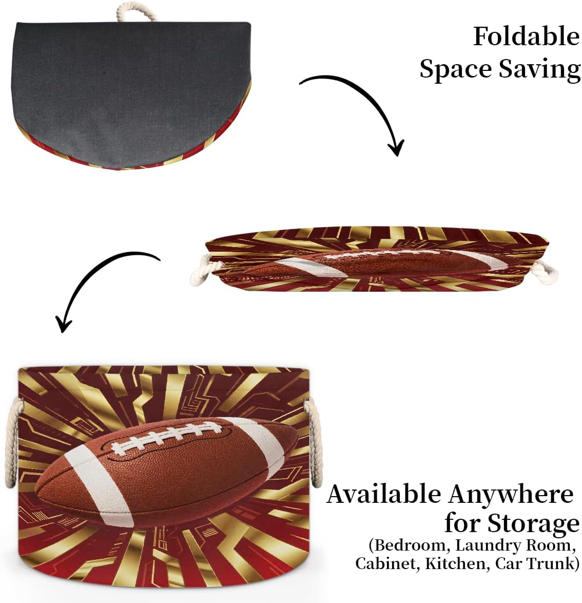 Large Storage Baskets - Red Gold Football Nursery Round Collapsible Organizer Bin Box, Laundry Hamper for Kids Toys, Blanket, Bedroom Living Room Home Decor, Gift Basket, 19.4"x13.3"