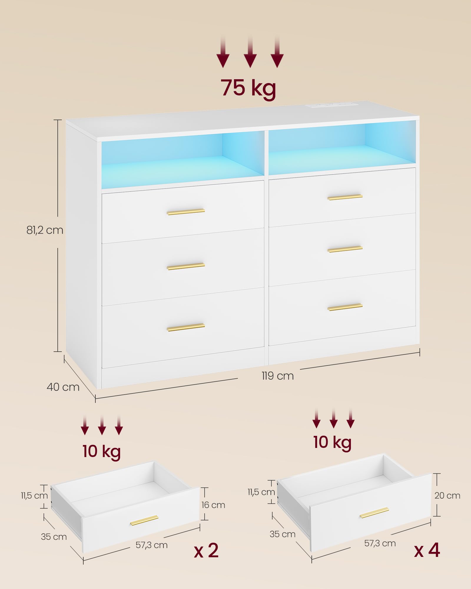 VASAGLE CUSTOS Collezione - Cassettiera Camera da Letto, con LED e Presa Multipla, Moderno, Mobile TV per Soggiorno, 6 Cassetti, 40 x 119 x 81,2 cm, Bianco Nuvola LTS316WB01