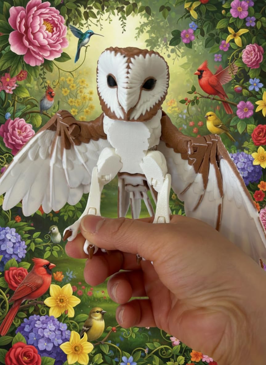 Articulated Barn Owl – 3D-Printed Poseable Owl Figurine with Movable Wings & Tail, Stress-Relief Fidget Toy & Decorative Desk Collectible for Adults (Brown/White, Medium Multicolor)