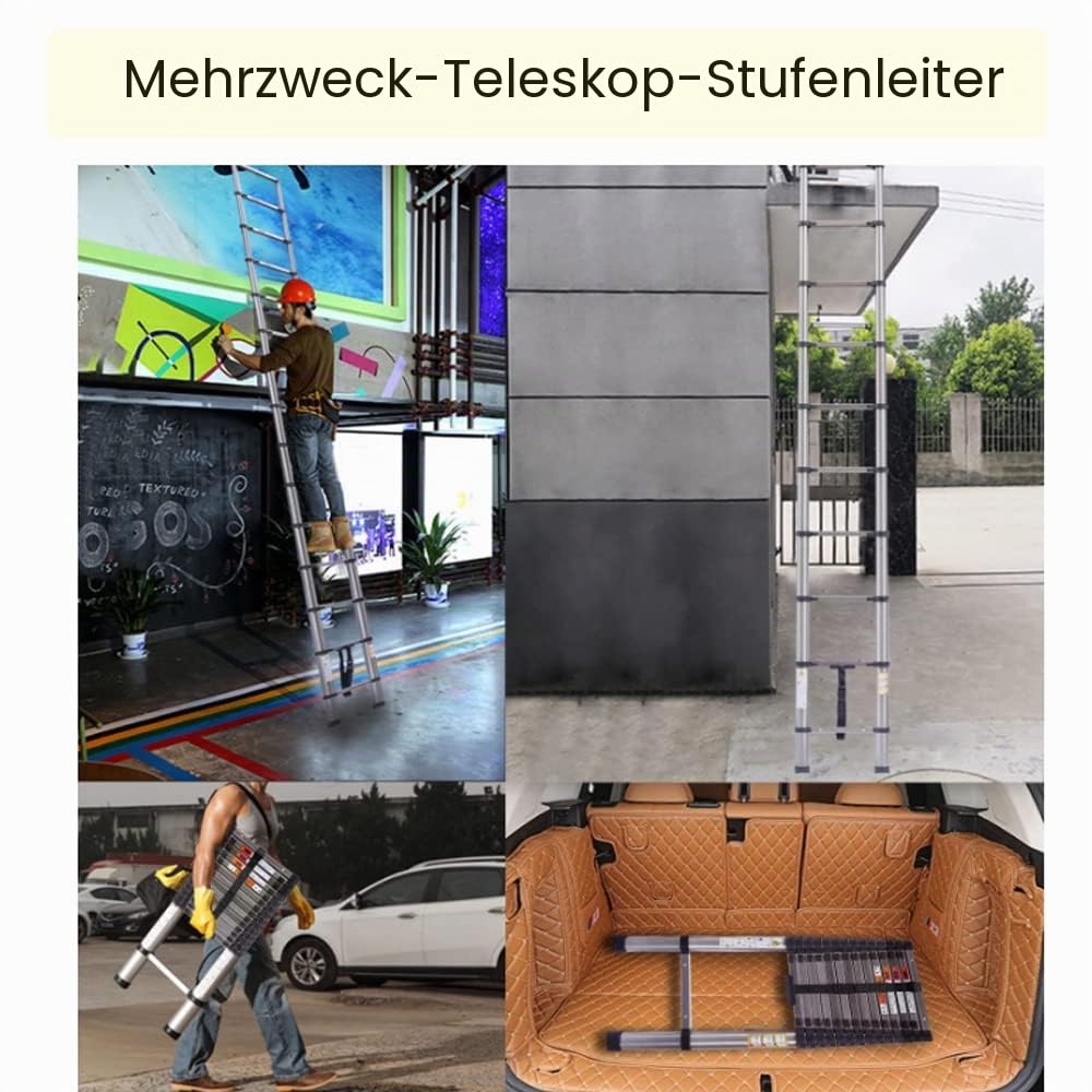 3,8 m/12,5 Fuß ausziehbare Teleskopleiter – strapazierfähige Edelstahl-Mehrzweck-Leiter für Dachboden, Garten, Dach und Treppen, einziehbare Leiter mit Sicherheitsknopf, verstellbare Stufe, zum