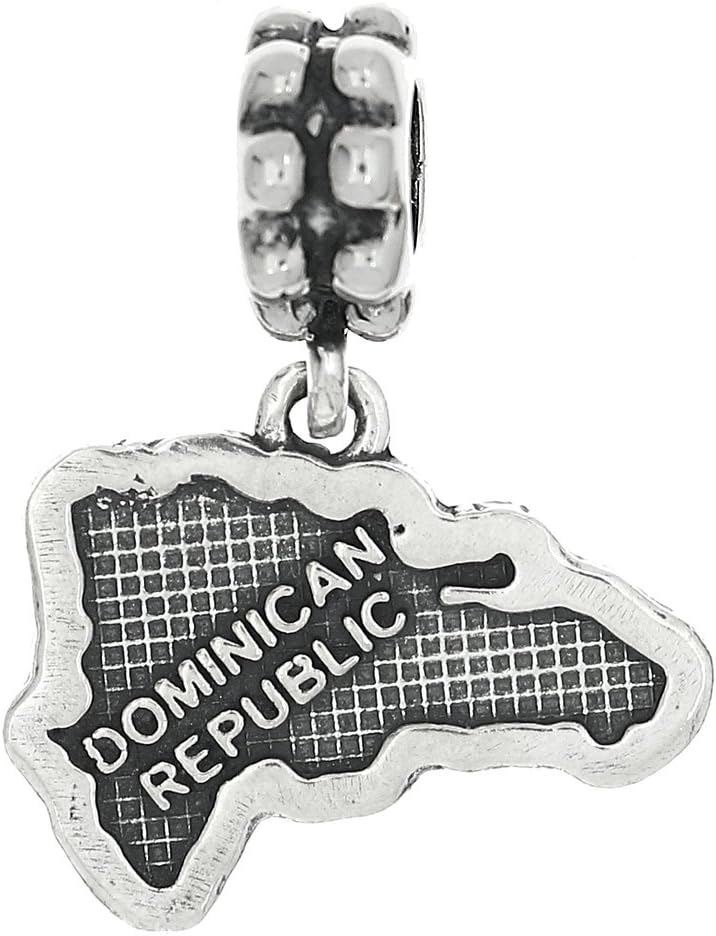 LGU Sterling Silver Oxidized Dominican Republic Textured Map Dangle Bead Charm
