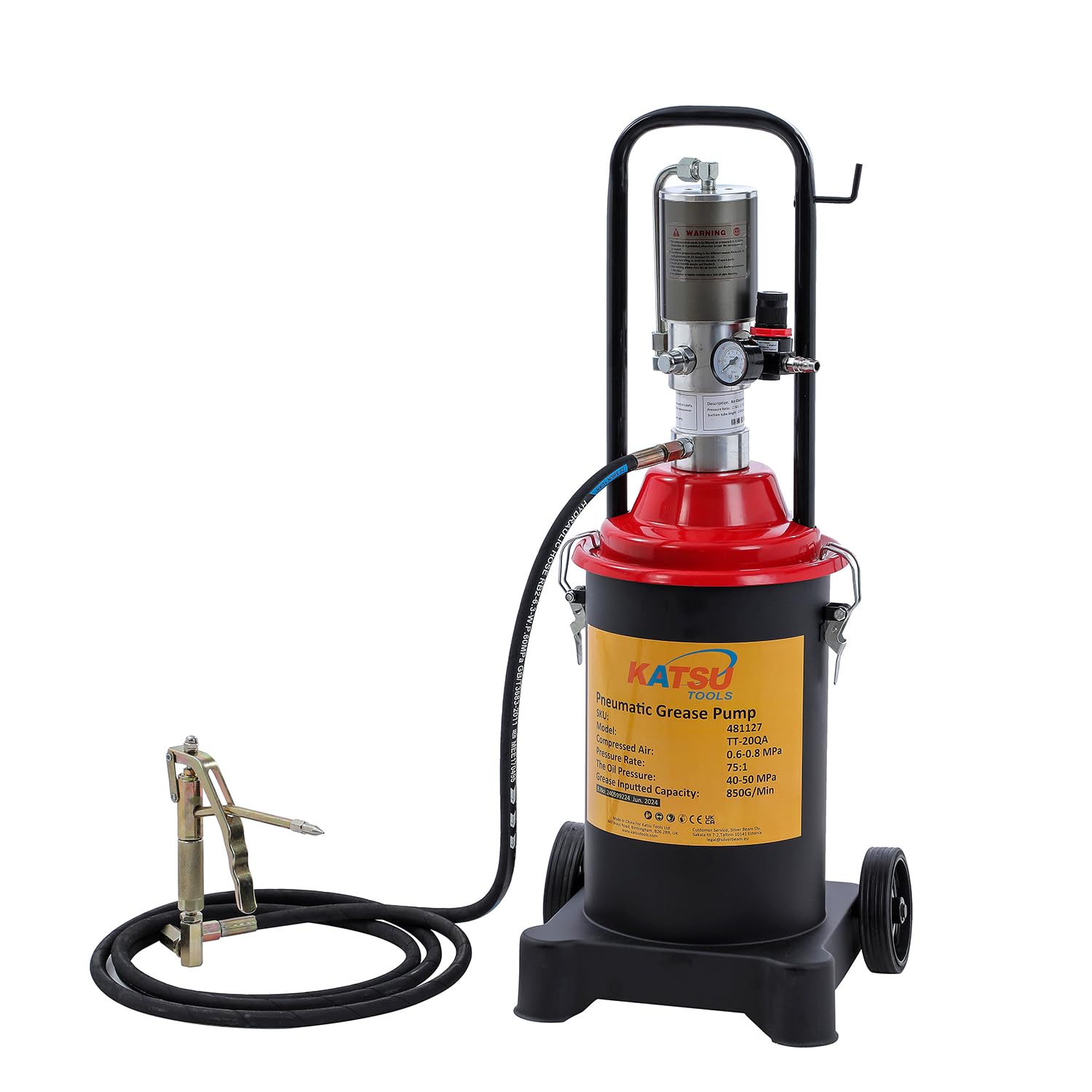 KATSU Tools Bomba de Grasa Neumática 12L Bomba de Engrase con Aire a Presión Dispensador de Pistola de Grasa de Aire Portátil con 12ft Manguera, 500 Bar, para Maquinaria de Automóviles y Camiones