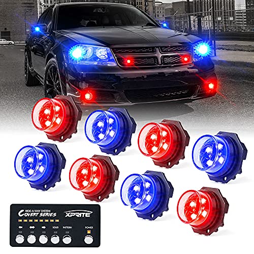 Xprite Red | Blue LED Hideaway Strobe Police Lights Kit, 20 Flashing Patterns Side Marker Grille Hazard Warning Cop Light with Control Panel, for Emergency Vehicles Volunteer Cars Trucks 8PCS