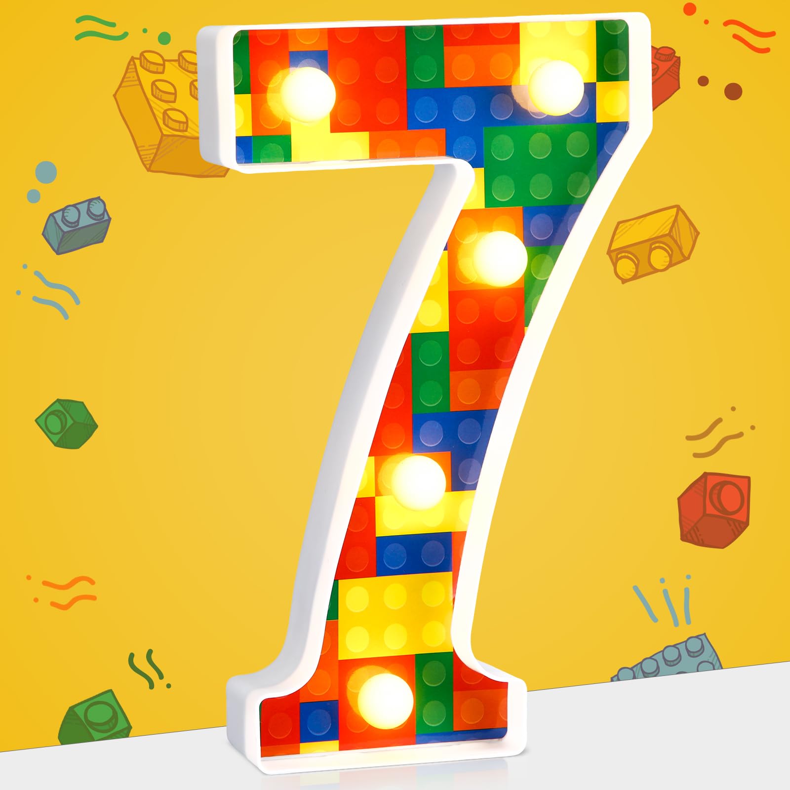 Baquler Bloque de construcción con números iluminados para decoración de cumpleaños, marquesina, números LED para fiesta, suministros para fiesta de cumpleaños, 8.58 pulgadas (número 7)