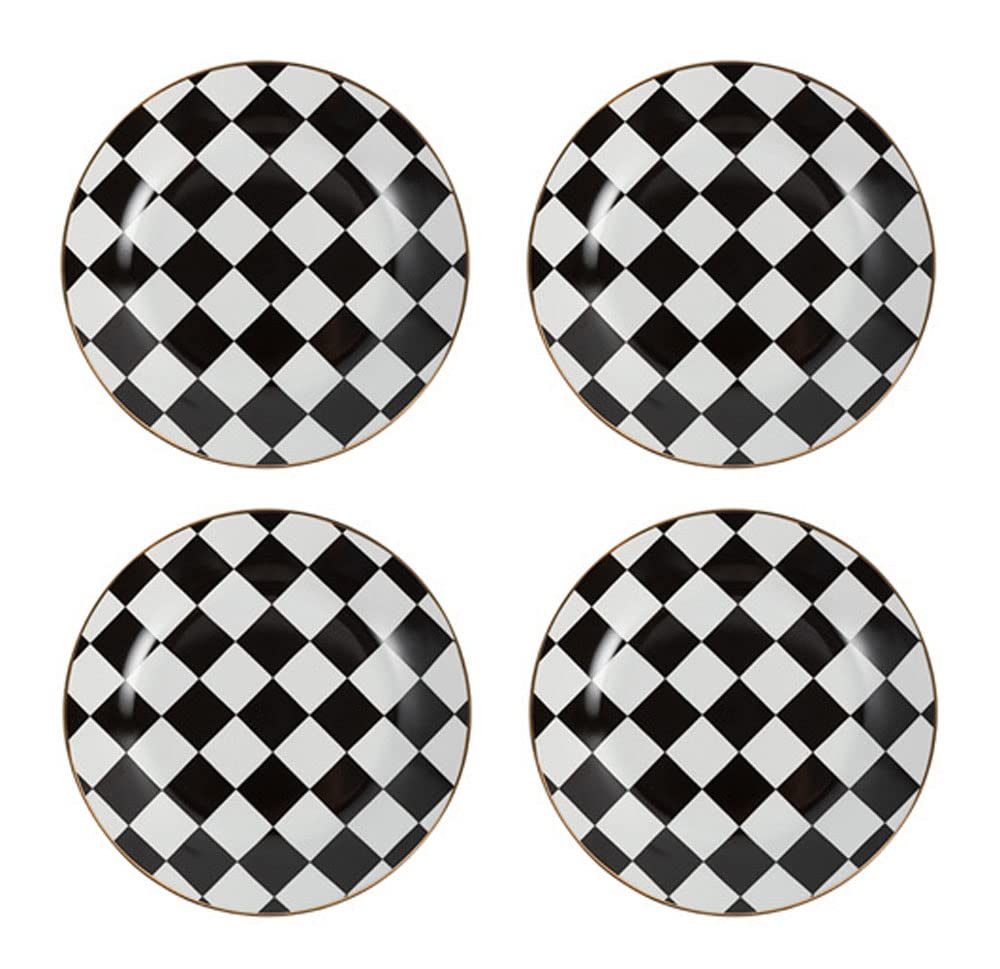 Lot de 4 assiettes à dessert rétro en céramique Motif damier Noir/blanc