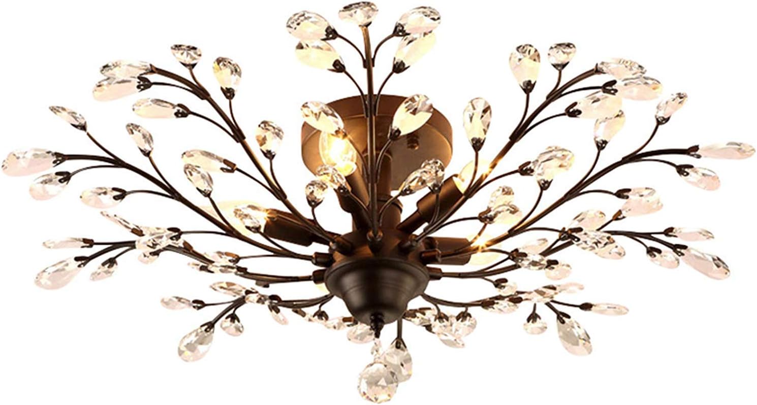 INJUICY Vintage K9 Crystal Metal Edison Branches Led Ceiling Light Fixtures, Retro Wrought Iron French Villa Ceiling Lamp Living Dining Room Bedroom Restaurant Porch Chandelier (Dia. 780mm Black)