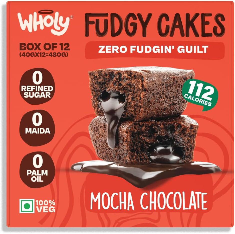 Mocha Chocolate Fudgy Center Filled Eggless Coffee Cake | Baked with Jaggery & Belgian Cocoa | No Maida | No Palm Oil | No Preservatives | High Fiber | Low Cal | Wholegrain | Moist Snack Cake - 32g (Pack Of 12)