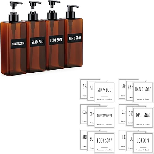 Segbeauty 4 paquetes de botellas dispensadoras de jabón de 16.9 onzas, 18 etiquetas blancas impermeables de baño de 2.5 pulgadas, reutilizables,