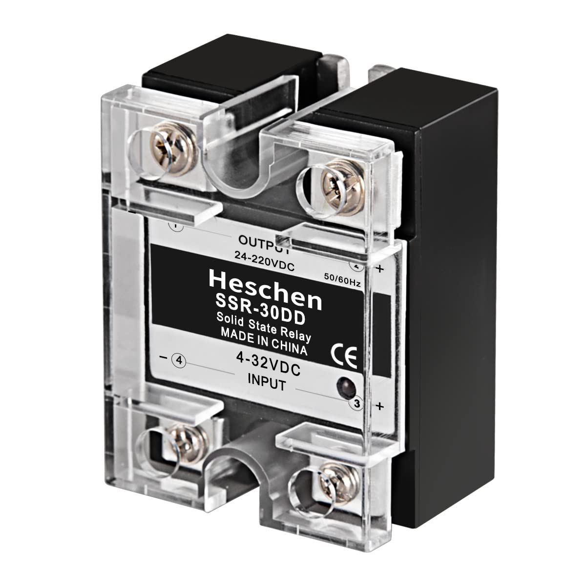 Heschen Single Phase DC/DC Solid State Relay, SSR-30DD, Input 4-32VDC, Output 24-220VDC, 30A 50-60Hz