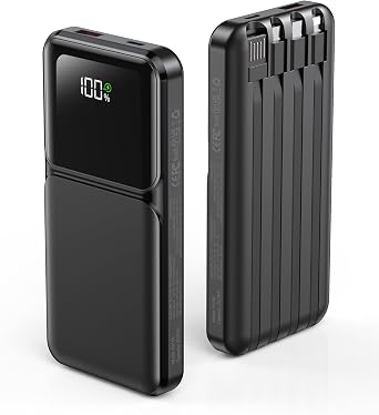 RONEGN Portable Charger with Built in Cable - Power Bank Fast Charging USB C LED Display 10000mah Battery Pack 5 Outputs & 3 Inputs for Travel Essentials iPhone Samsung Android Phones Tablets Black
