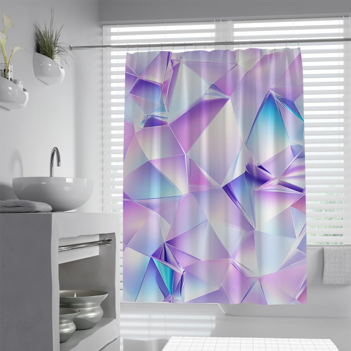 UIRINGART Iridescent Diamond Geometric Shower Curtain W180xL180cm Modern Abstract Polygonal Prism Pattern Mildew Resistant Washable Wet Room Bath Screen With Hook