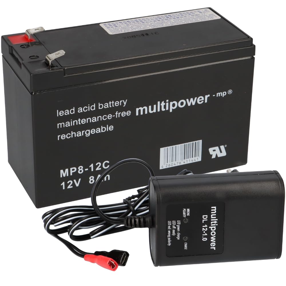 Batterie au plomb AGM MP8-12C 12 V 8 Ah avec chargeur 12 V/1 A DL12-1.0 résistant aux cycles Faston 6,3 mm pour rééducation, scooter électrique, solaire, camping-car, bateau, fonctionnement tampon