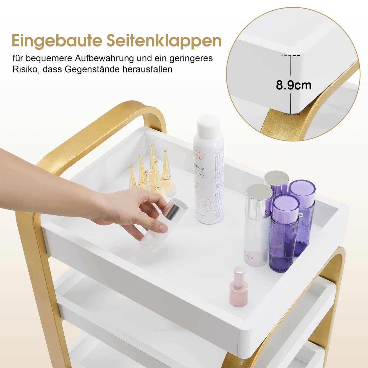 Rollwagen Servierwagen 3-stufiger Stylisten Kosmetikwagen mit Rollen Arbeitswagen Kosmetik Moderner Arbeitswagen für Bad Wohnzimmer Beauty SPA Wagen Gold