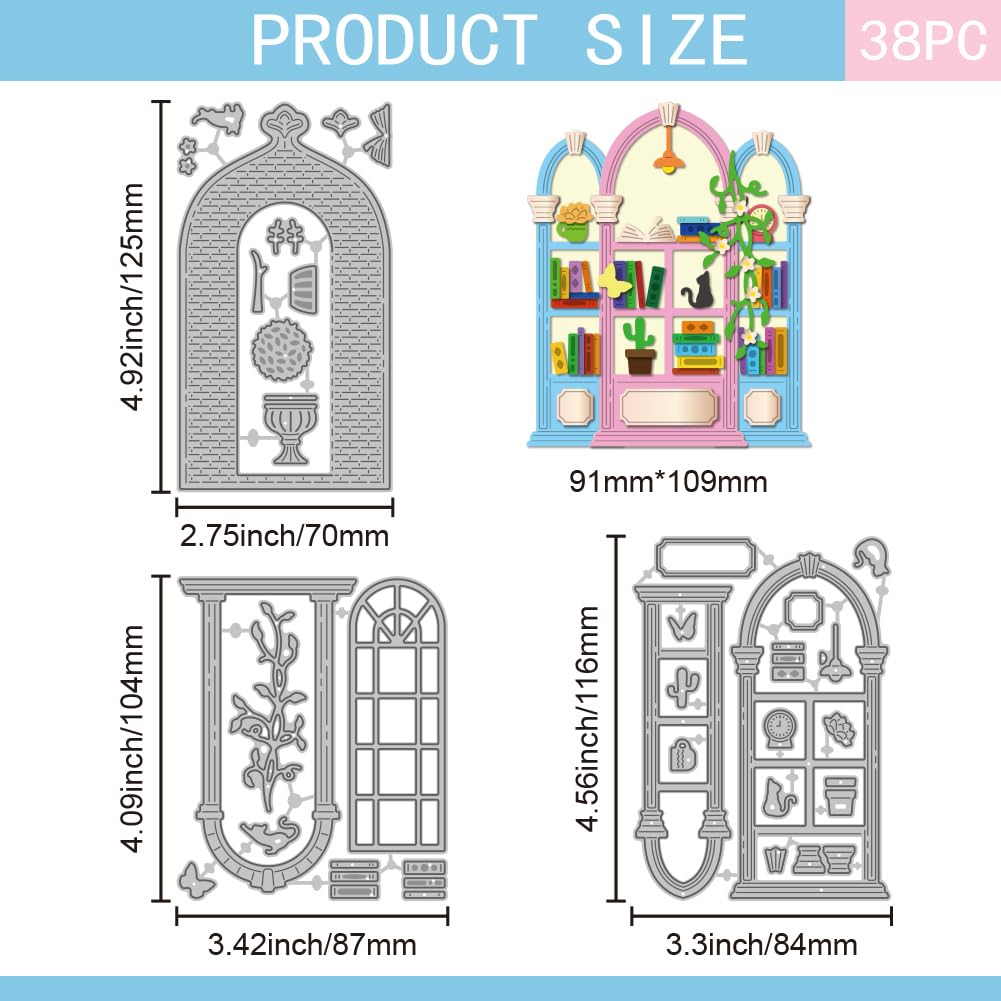 GLOBLELAND Library Window Frame Cutting Dies for DIY Scrapbooking Metal Books Flowers Cut Dies Cat Die Cuts for Card Making Embossing Photo Album Craft Decor - Image 2