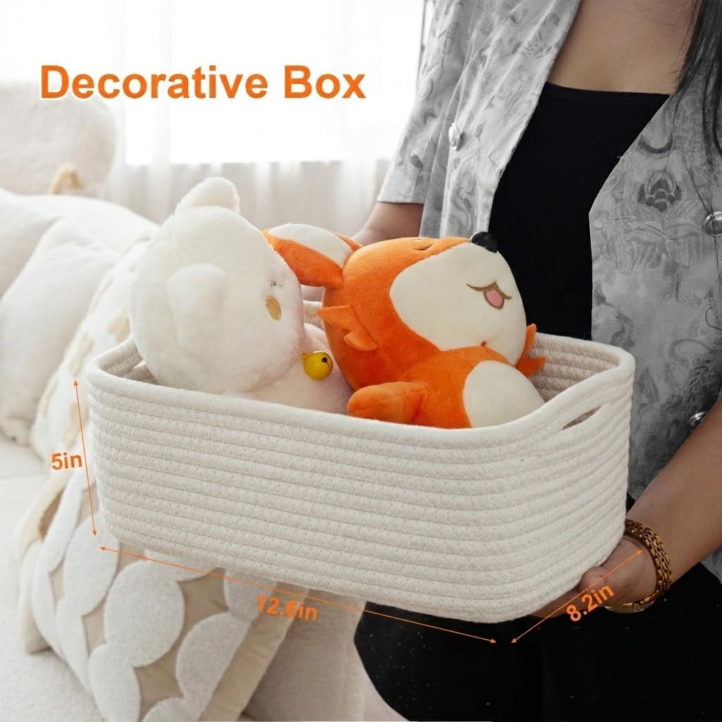 Small Storage Baskets for Organizing, Woven Storage Bins for Shelves, Gift Basket Empty, Cute Decorative Closet Organizer, Baby Rope Basket, Dog Toy Storage, 13.2x8.2x5.2”, 3Packs White