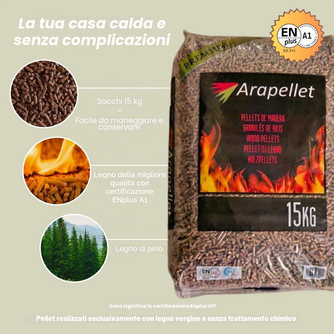Pellet in legno ENplus A1 6 mm – Sacco 15 kg • Alto potere calorifico, basso consumo di ceneri