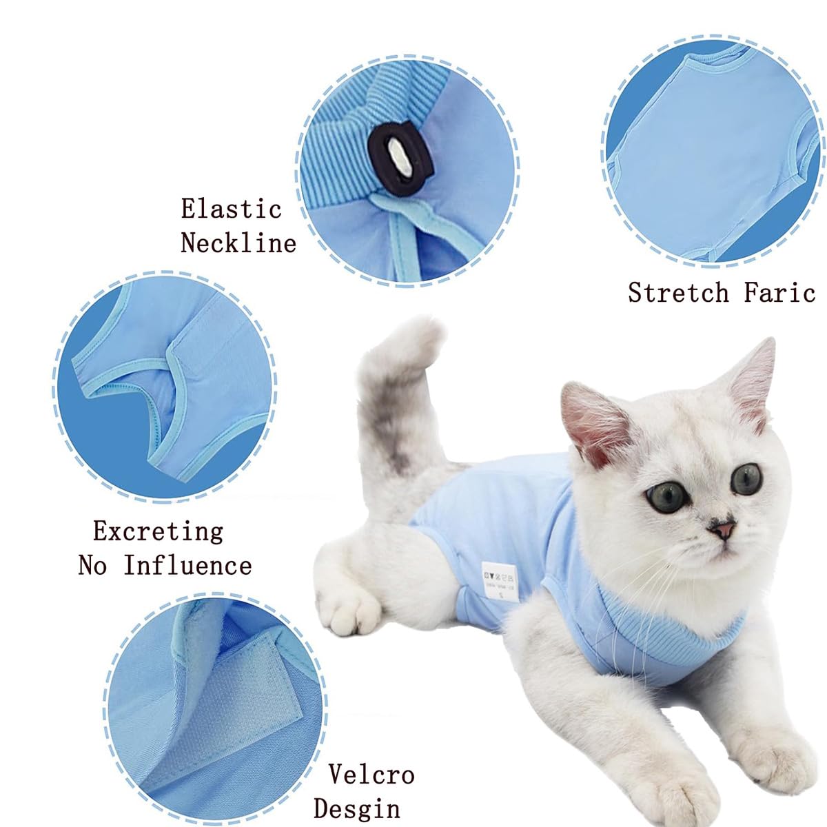 SamHeng Cat Professional Recovery Suit, Kitten Surgery Recovery Suit for Abdominal Wounds or Skin Diseases, Cats Anti Licking Vest Bodysuit, E-Collar Alternative for Cats after Surgery Wear (Blue-L) - Image 2