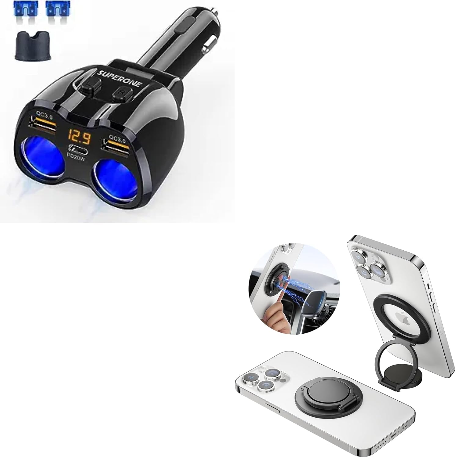 SUPERONE MagSafe Kickstand & Cigarette Lighter Splitter Bundle for iPhone 12/13/14 Series, Compatible with MagSafe & Cigarette Lighter Socket, Phone Mount for Automobile