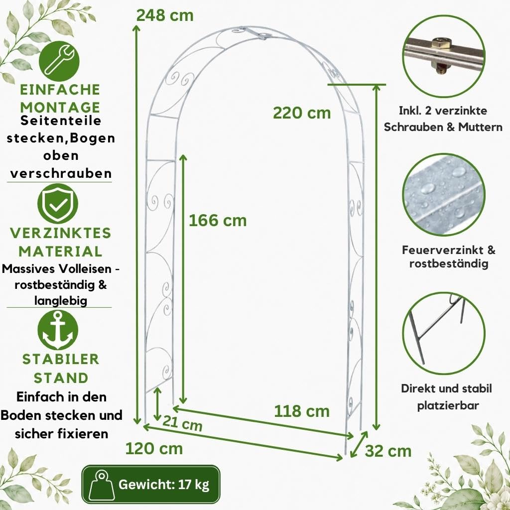 DanDiBo Arco per rose, zincato massiccio, 135 cm, resistente alle intemperie, 96518, arco rotondo, per rampicanti, zincato a caldo