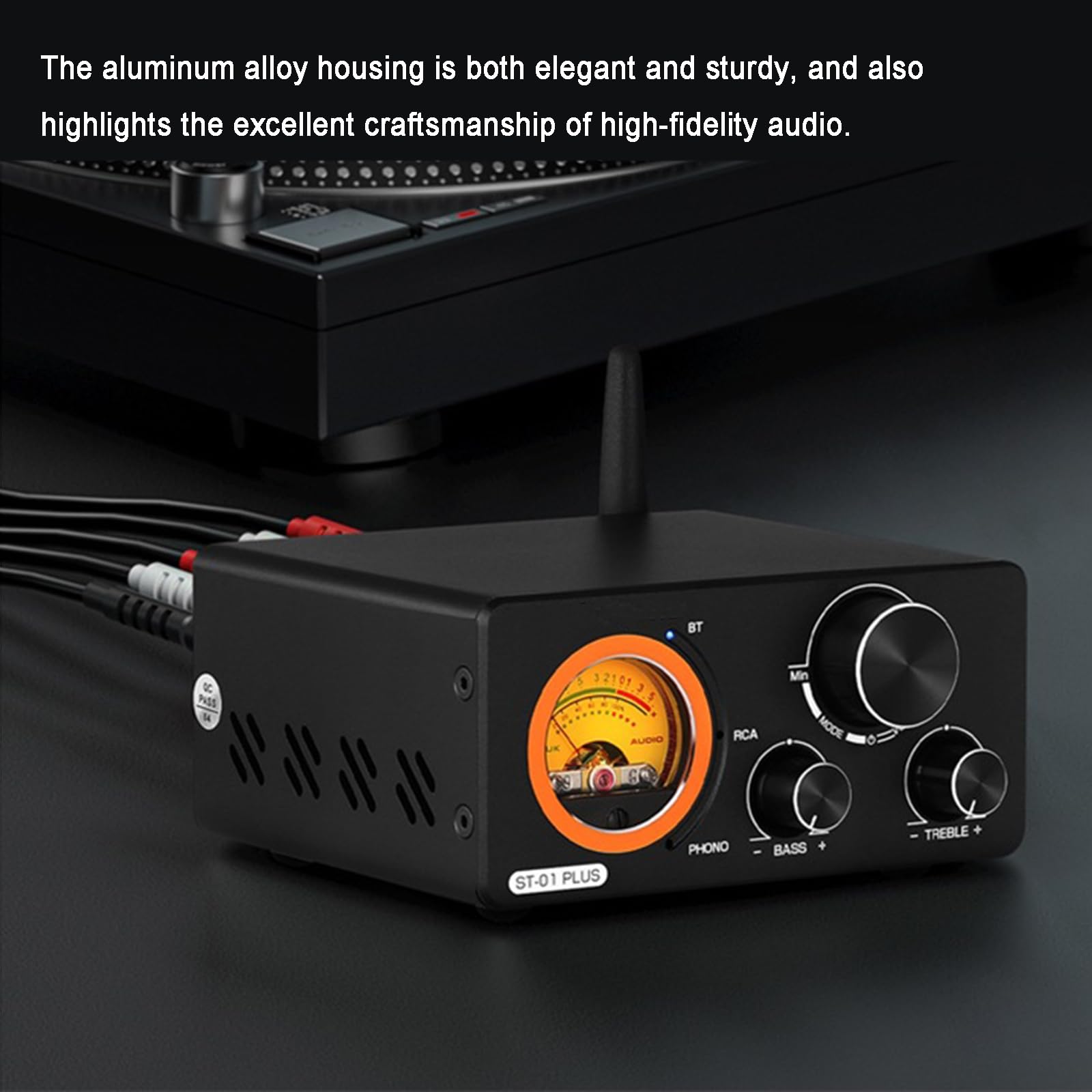 Amplificatore Stereo Bluetooth, Amplificatore Phono per Giradischi, con Misuratore VU, Controllo Alti Bassi, Ingresso Bluetooth/Stereo RCA/3,5 Mm, per Altoparlanti Home Theater