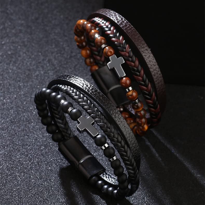 COLORFUL BLING Genuine Leather Cross Bracelet for Men Vintage Braided Mutilayer Sideway Cross Cuff Wristband Religious Confirmation Christian Prayer Jewelry4