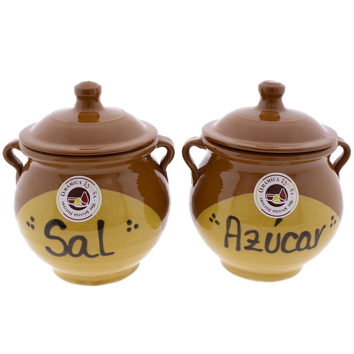 CERÁMICA ESPAÑA | Saliera e Zuccheriera rustica in ceramica | Barattoli da cucina | Vasetti originali | Set x2 Saliera e Zuccheriera cucina - Modello M02 | 100% fatto a mano | 14x12x15 cm